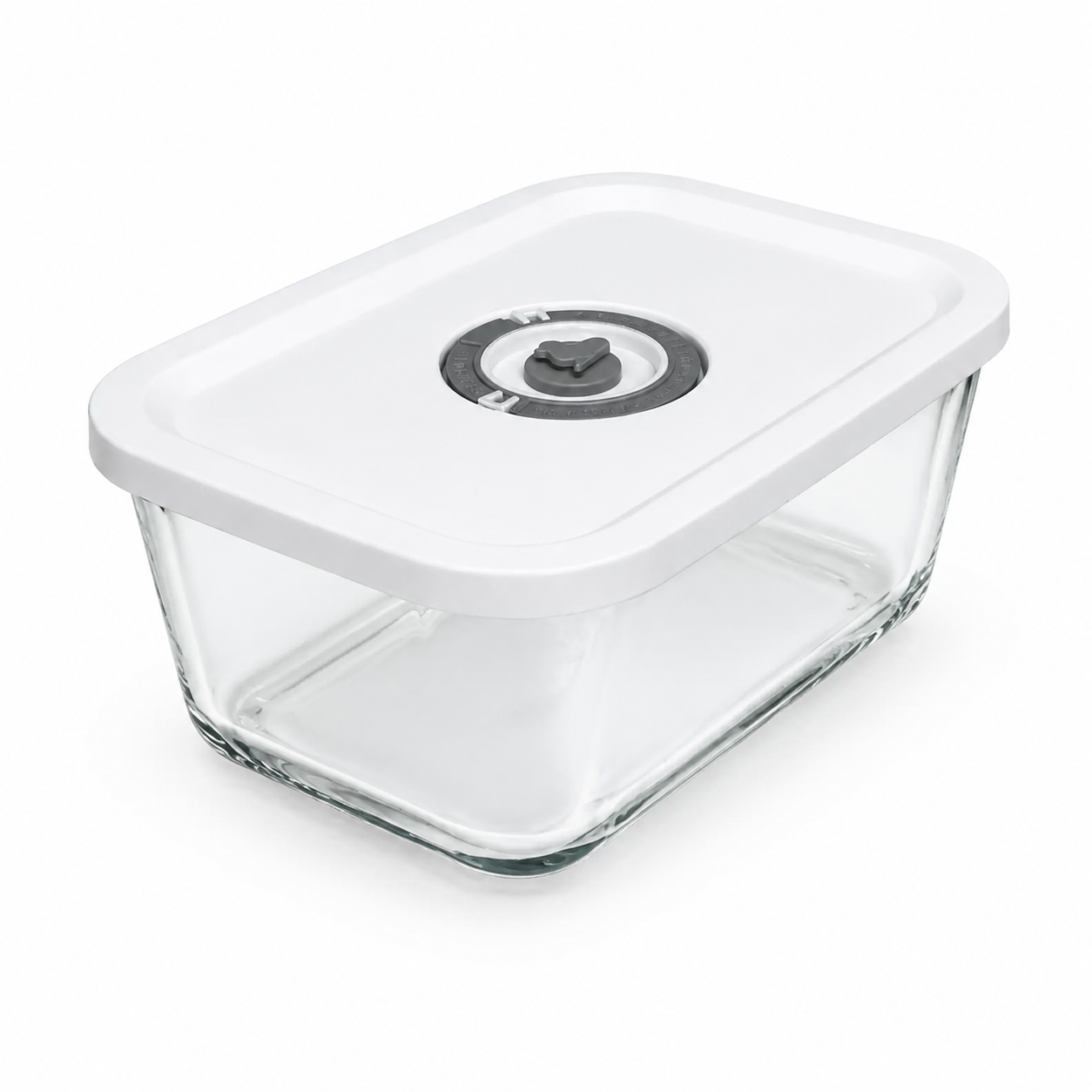 AnySeal-Glasbox 800 ml mit weißem Deckel und dunkelgrauem Vakuumventil, freigestellt auf weißem Hintergrund