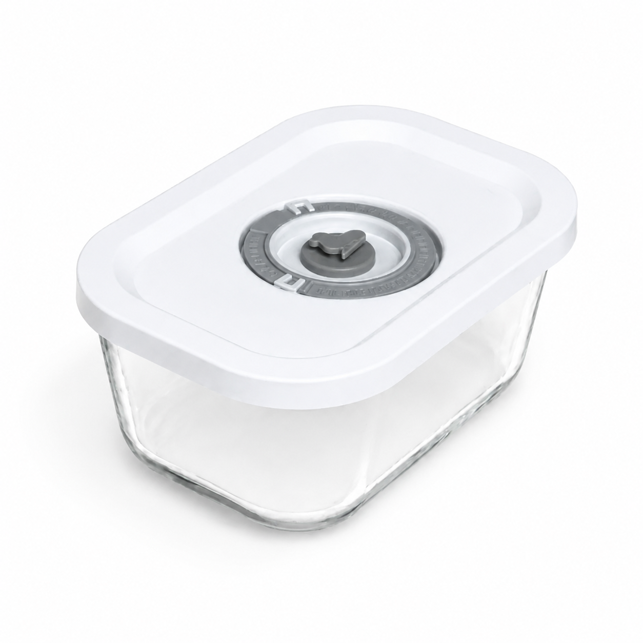 AnySeal-Glasbox 500 ml mit weißem Deckel und grauem Vakuumventil, freigestellt auf weißem Hintergrund