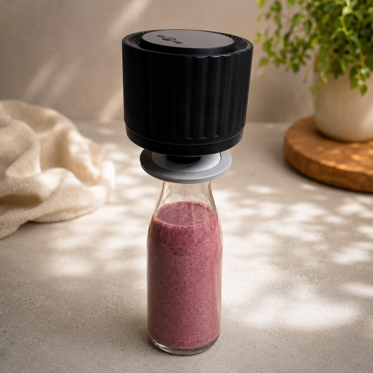 EcoSeal Pro Vakuumierer auf einem AnySeal Deckel zum Vakuumieren einer mit Beerensmoothie gefüllten Glasflasche
