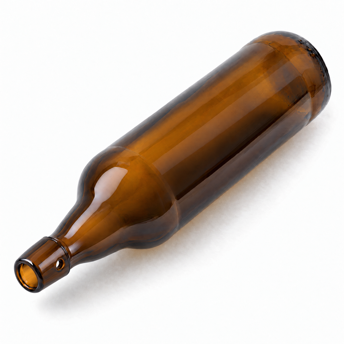 Braune 1-Liter-Bierflasche BBIER005 mit Bügelverschluss-Mündung in liegender isometrischer Ansicht