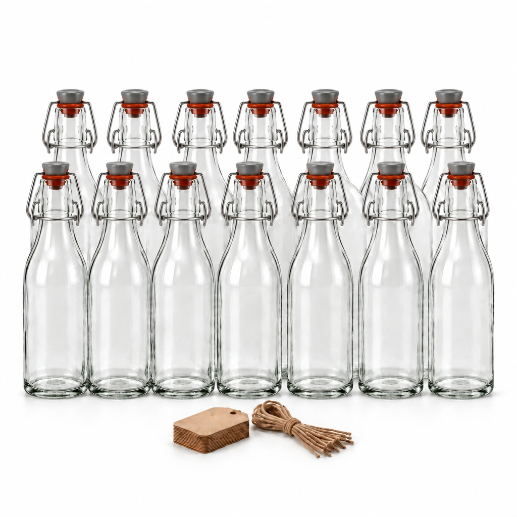 14er-Set Taschenflaschen rund 200 ml mit Bügelverschlüssen und Etiketten