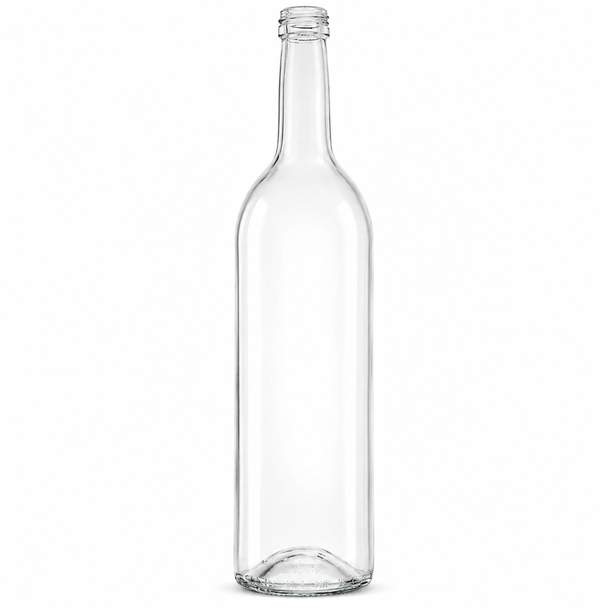 Bordeauxflasche 750 ml aus klarem Glas mit geradwandigem Körper, ausgeprägten Schultern, langem Hals und 28-MCA-Schraubmündung, frontal stehend dargestellt.