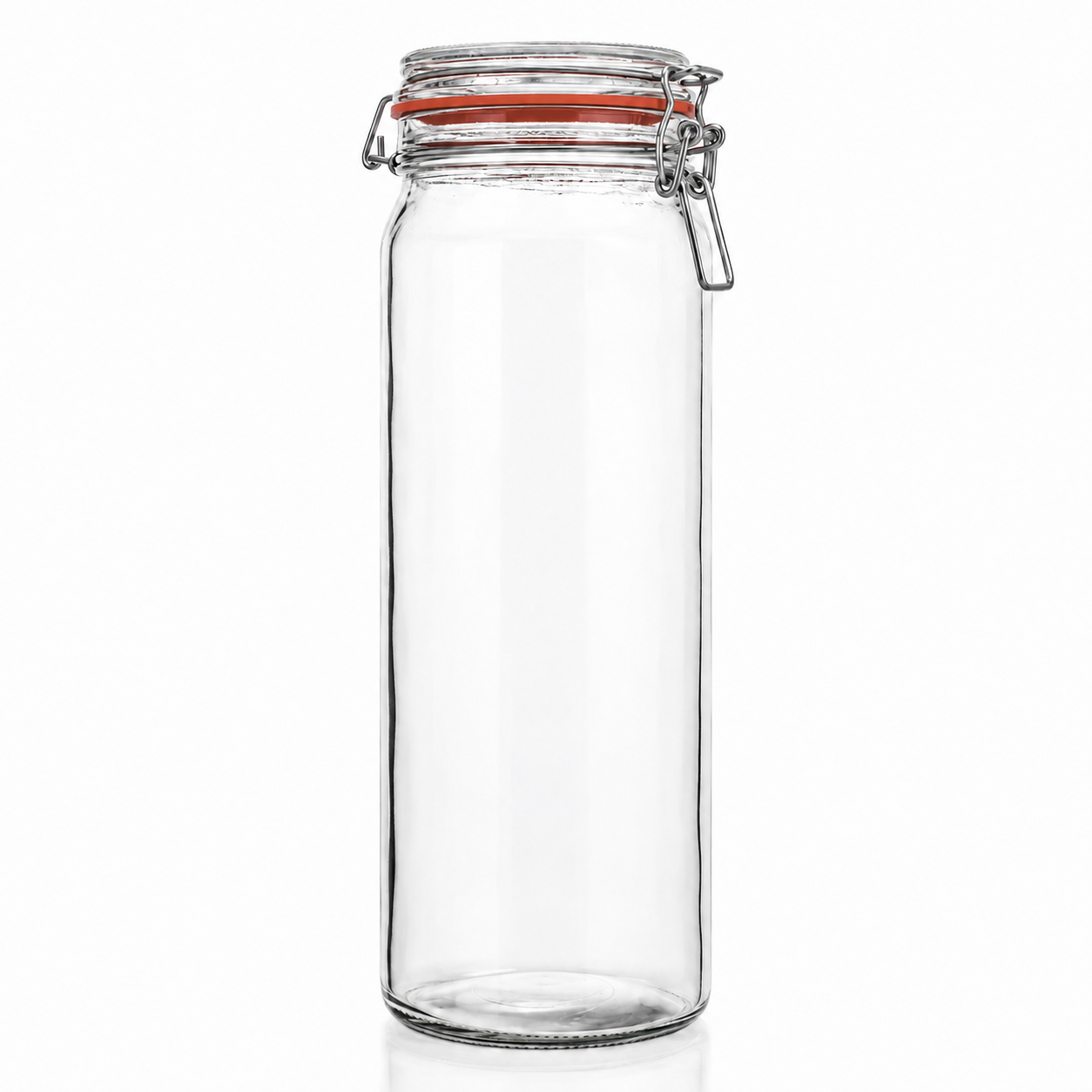Hohes, schmales Drahtbügelglas aus Klarglas mit Glasdeckel, rotem Gummiring und Metallverschluss in Frontansicht