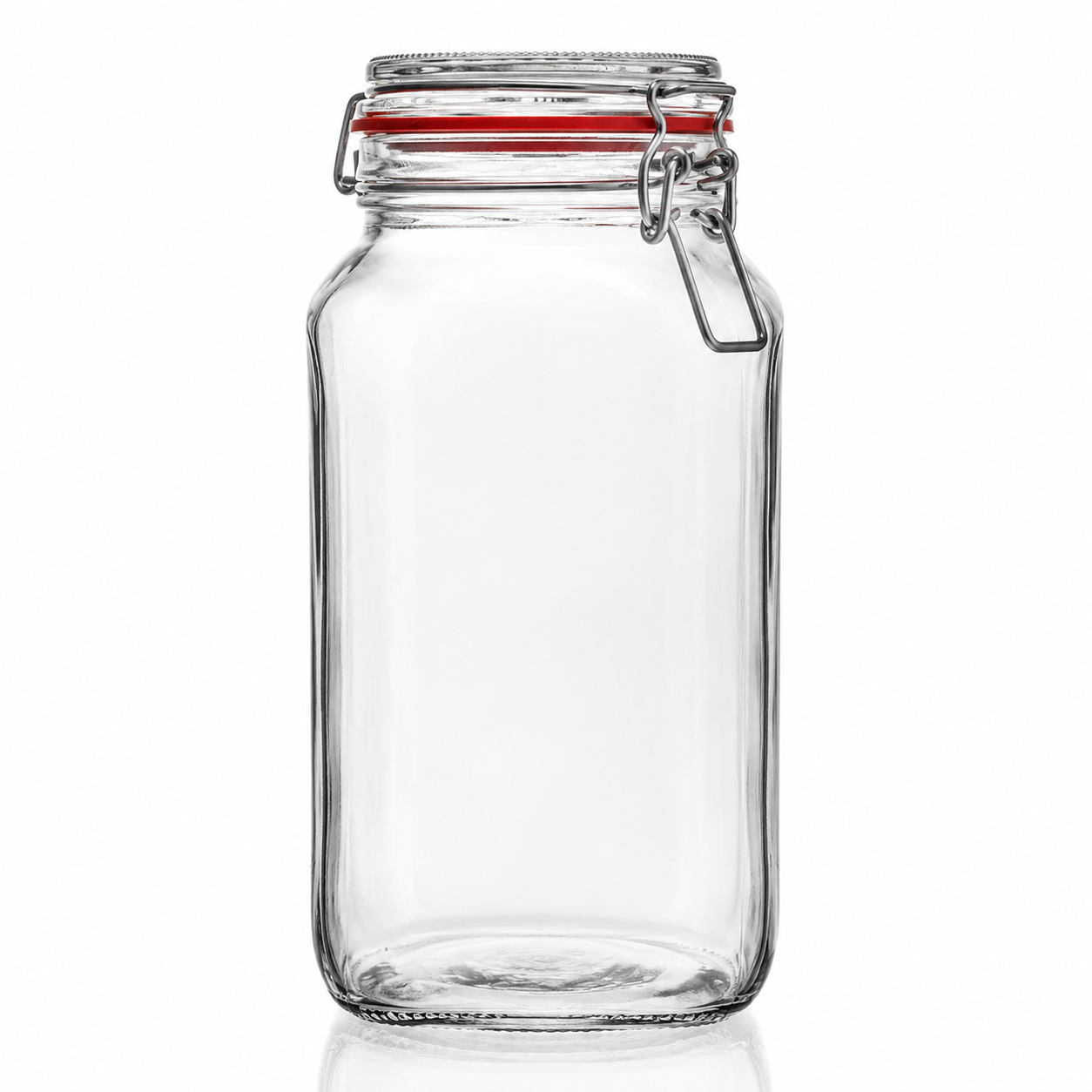 Hohes, eckiges Drahtbügelglas aus Klarglas mit Glasdeckel, rotem Gummiring und Metallverschluss in Frontansicht