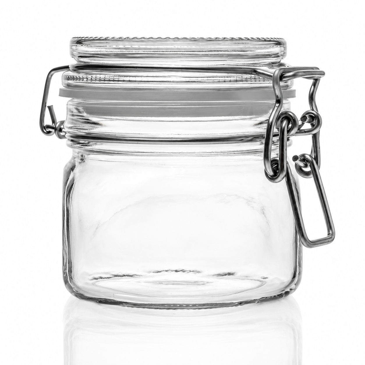 Quadratisches Drahtbügelglas aus Klarglas mit Glasdeckel, weißem Gummiring und Metallverschluss in Frontansicht