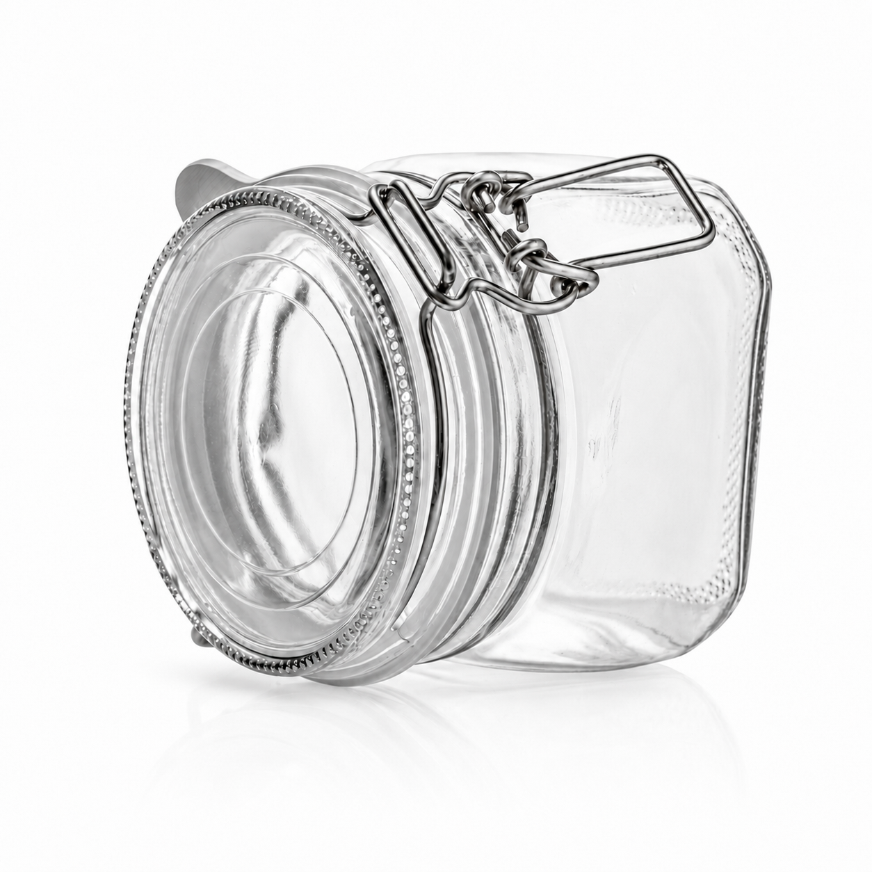 Seitlich abgelegtes Bügelverschlussglas mit gut sichtbarer Metallmechanik, transparentem Deckel und weißem Gummiring