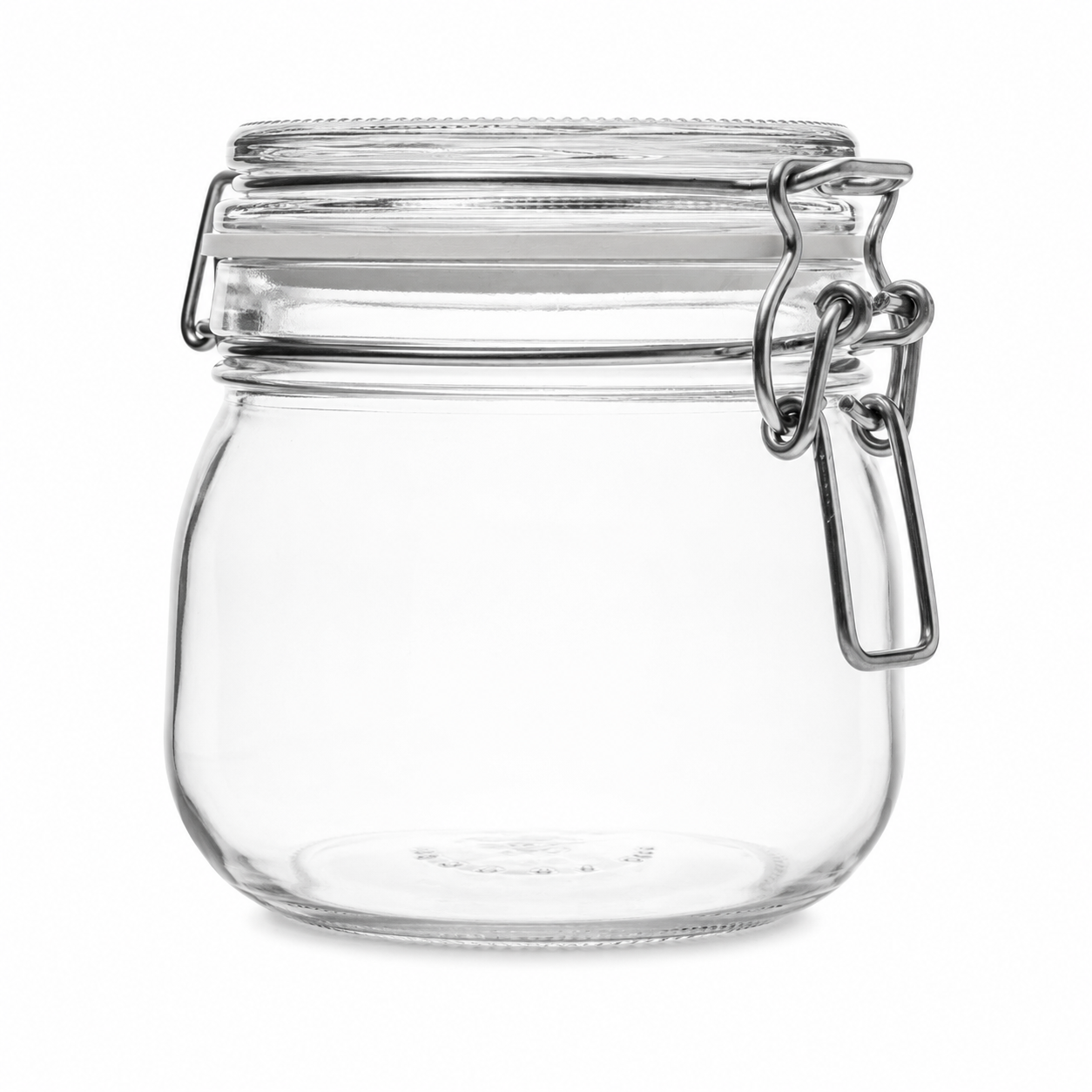 Bauchiges Drahtbügelglas aus Klarglas mit Glasdeckel, weißem Gummiring und Metallverschluss in Frontansicht