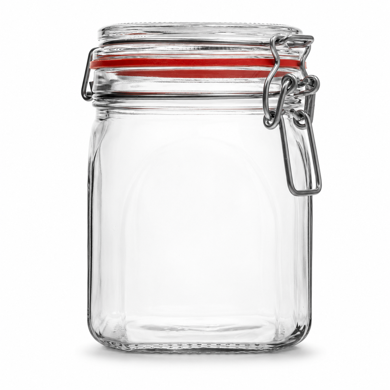 Eckiges Drahtbügelglas aus Klarglas mit Glasdeckel, rotem Gummiring und Metallverschluss in Frontansicht