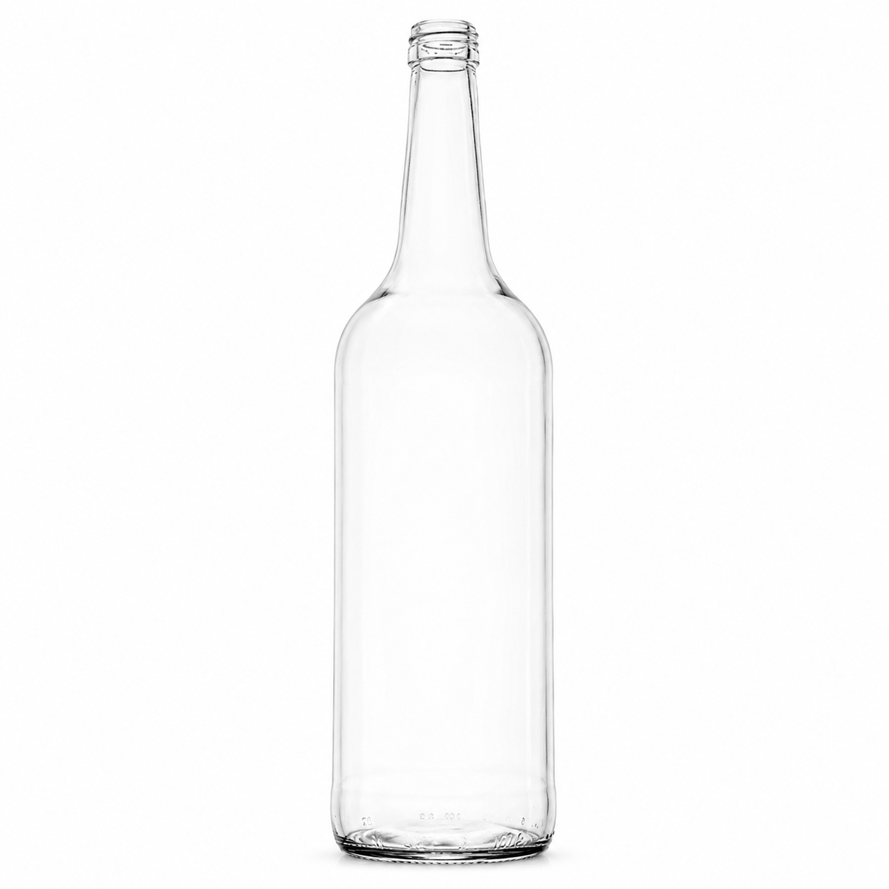 Klare 1-Liter-Gradhalsflasche aus Glas mit langem Hals und 28-mm-Schraubmündung auf weißem Hintergrund.