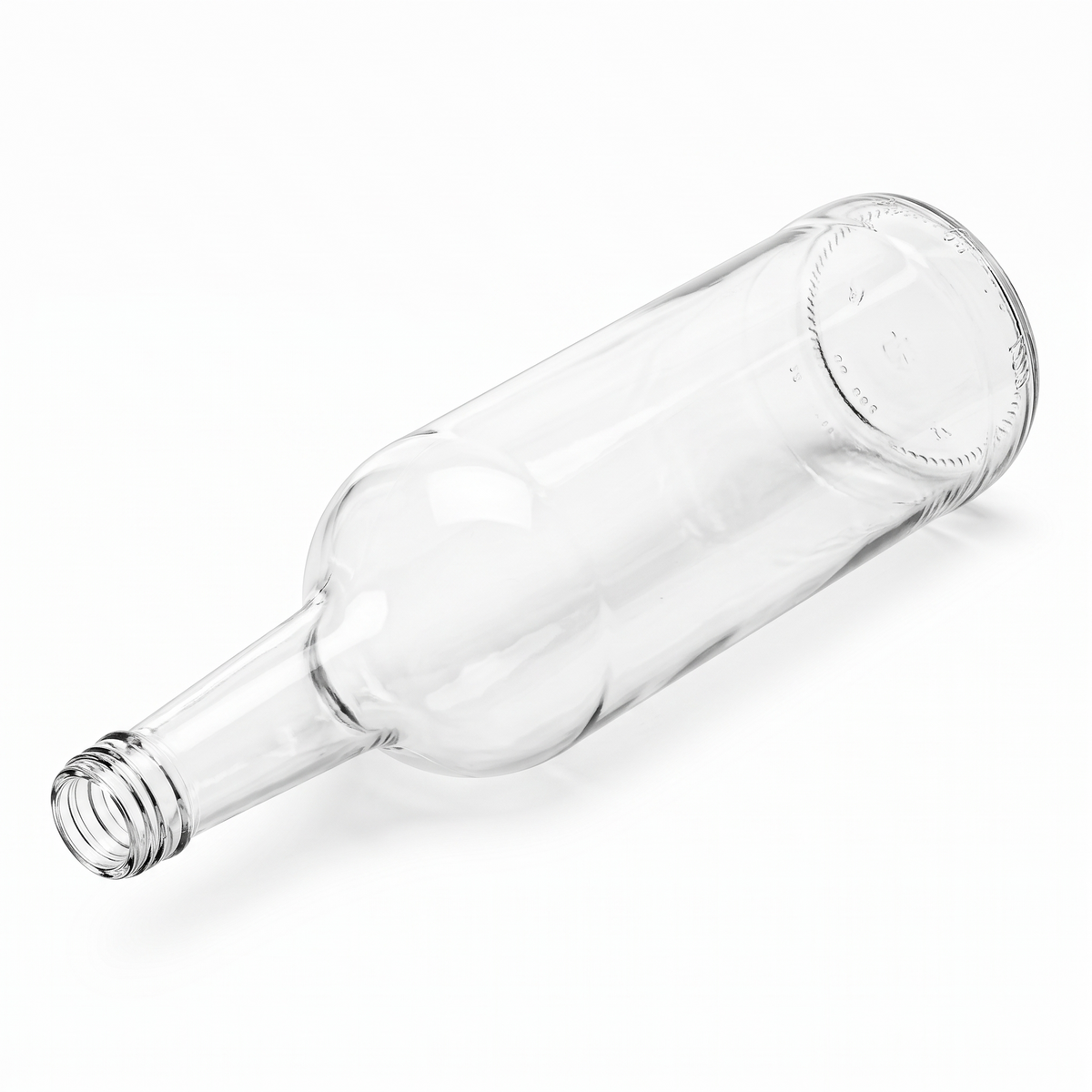 Gradhalsflasche 1,0 l aus Klarglas mit 28-mm-Schraubmündung, liegend in isometrischer Seitenansicht vor weißem Hintergrund.