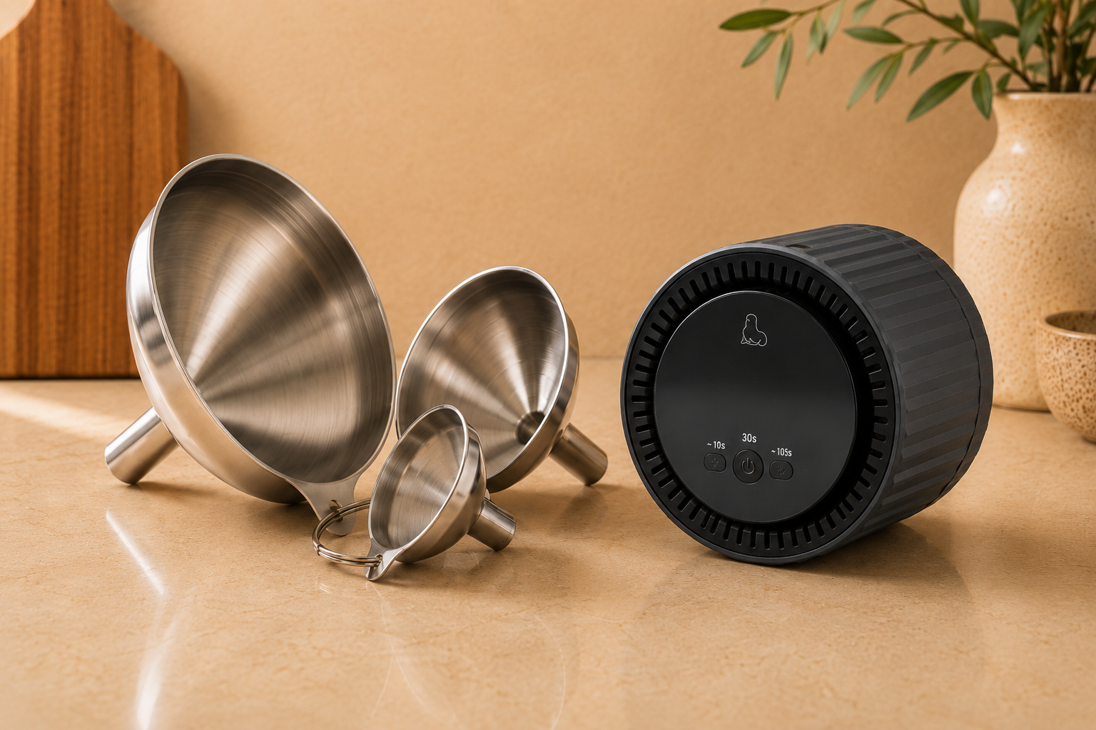Drei Edelstahltrichter in unterschiedlichen Größen mit Schlüsselring auf einer Küchenarbeitsplatte