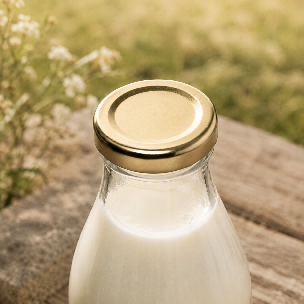Nahaufnahme einer mit Milch gefüllten Glasflasche mit goldenem Twist-Off-Verschluss in ländlicher Umgebung