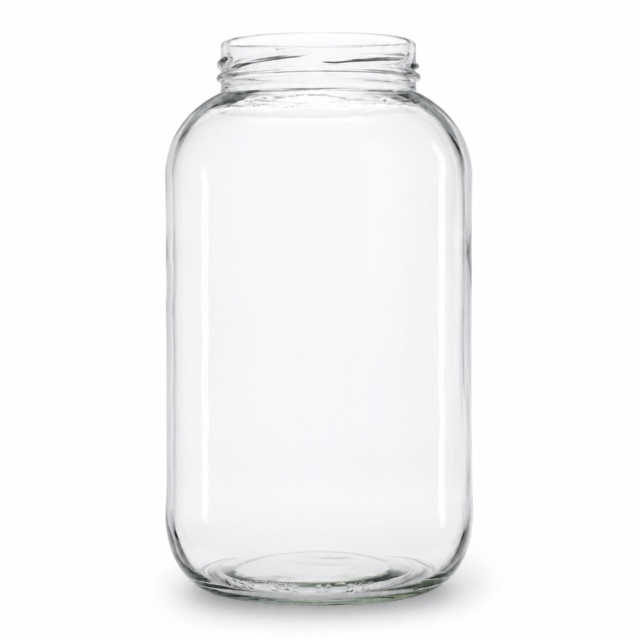 Großes, transparentes Konservenglas 4250 ml mit TO-100-Mündung und breitem zylindrischem Glaskörper auf weißem Hintergrund.