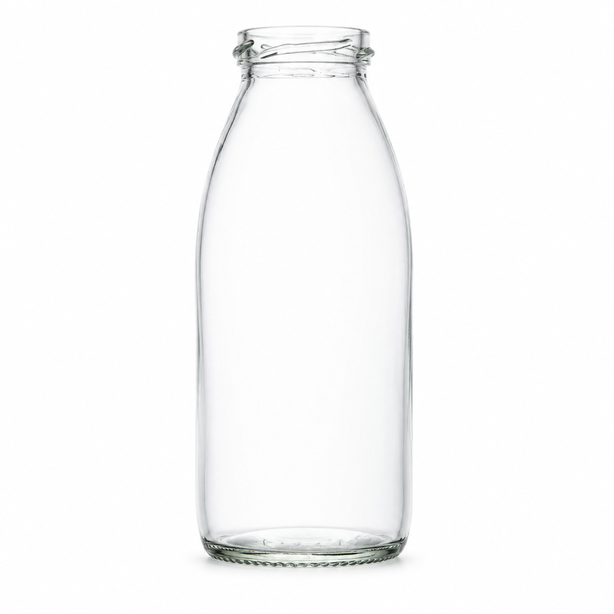 Klare, hochgezogene Milchflasche mit sanft gerundeter Schulter, kurzer Schraubmündung und stabilem Glasboden in gerader Studioansicht.