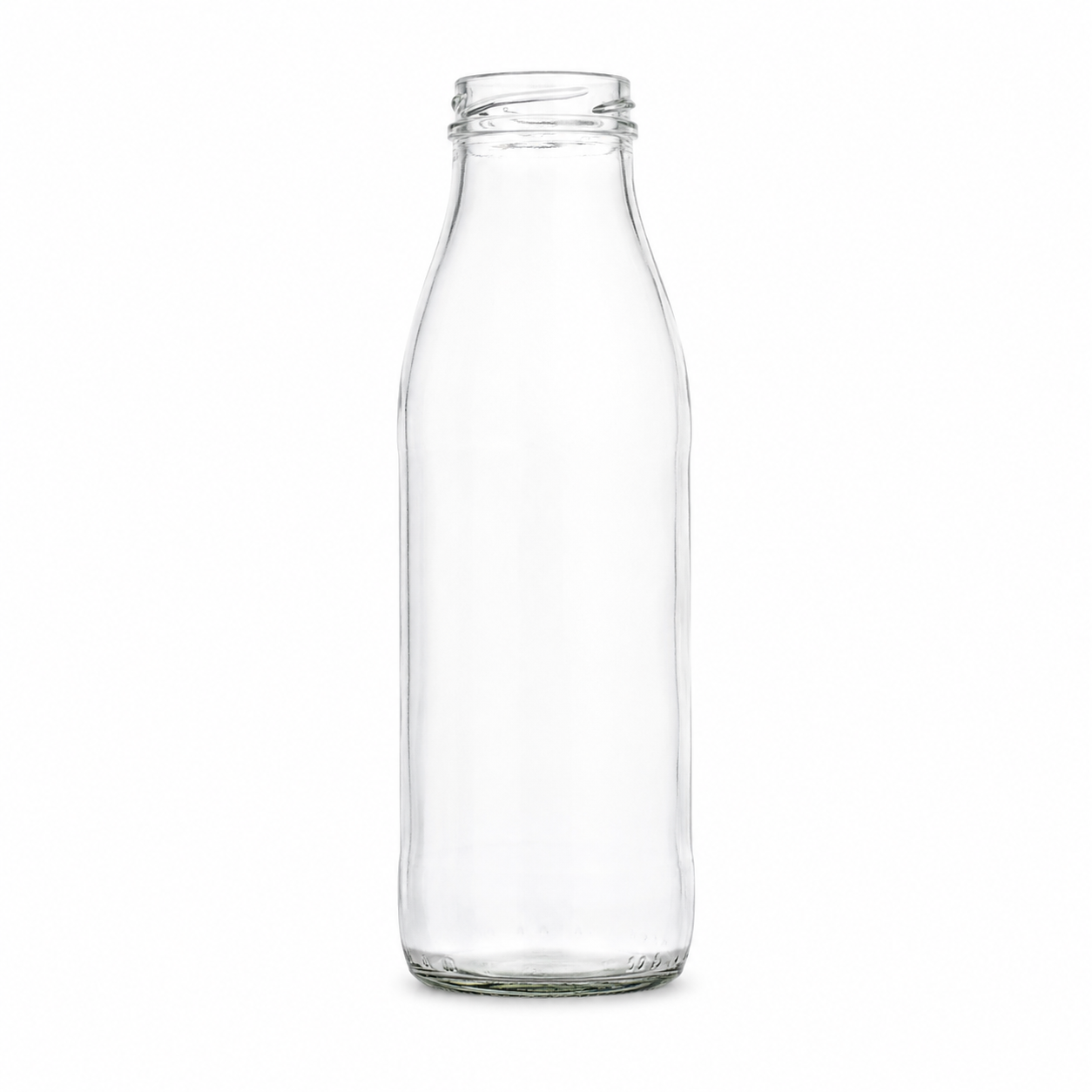 Schlanke Milchflasche aus klarem Glas mit sanft gerundeter Schulter, kurzer Mündung und stabilem Boden, frontal auf weißem Hintergrund dargestellt.