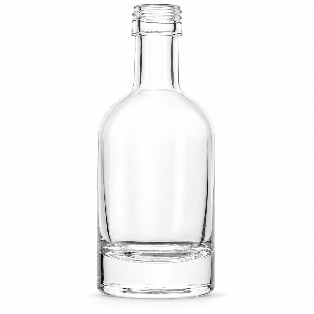 Klare Nocturne-Glasflasche 100 ml mit PP-22-Schraubmündung, kurzem Hals und rundem Körper auf weißem Hintergrund