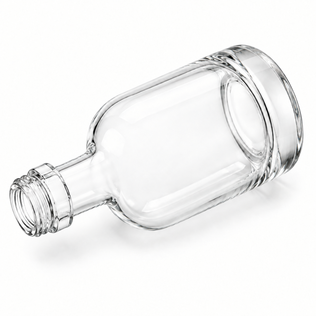 Klare Nocturne-Flasche 50 ml mit PP-18-Schraubmündung, liegend in isometrischer Ansicht