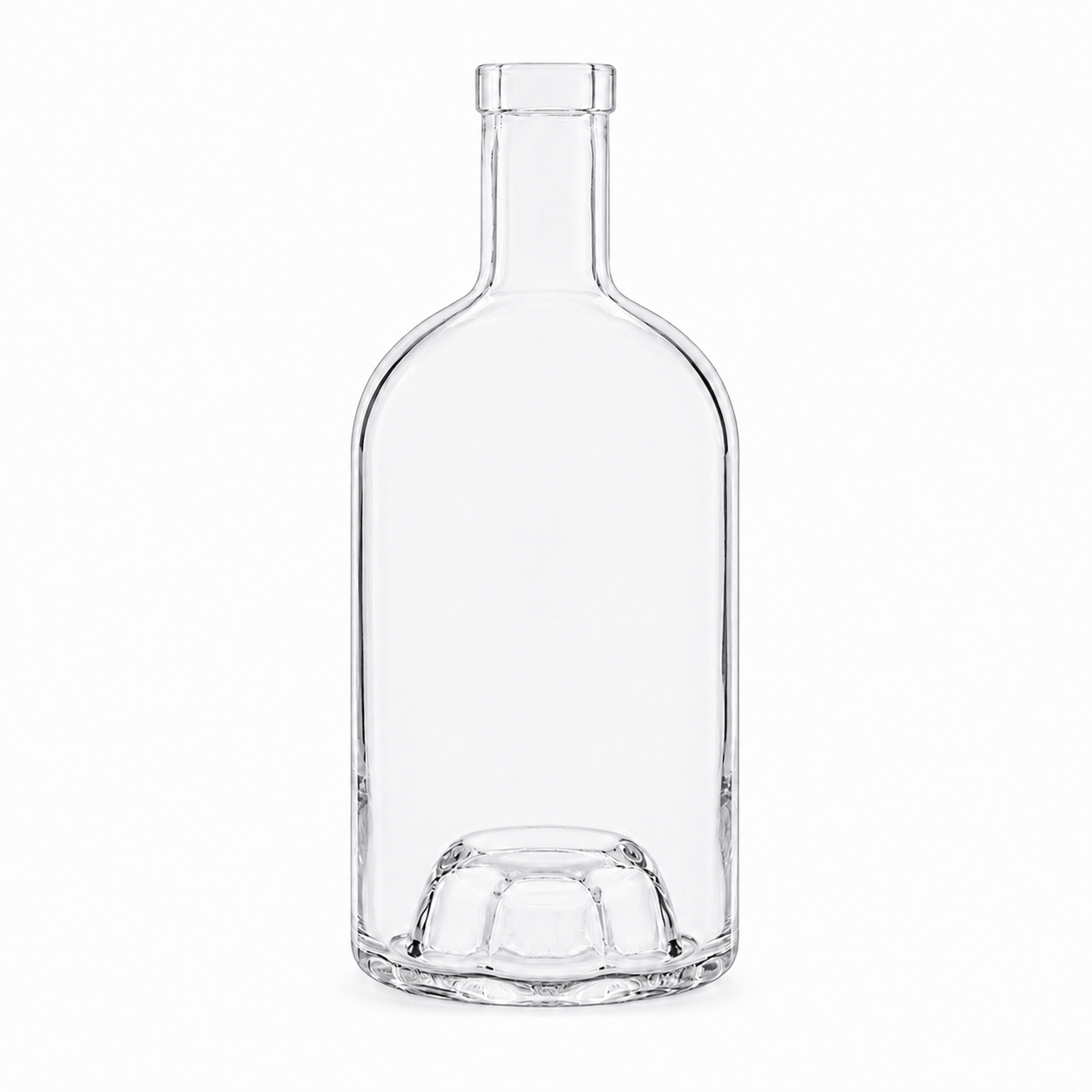 Klare Nocturne-Okta-Glasflasche 500 ml mit OBB-19-Mündung, achteckigem Körper und markantem Innenboden auf weißem Hintergrund