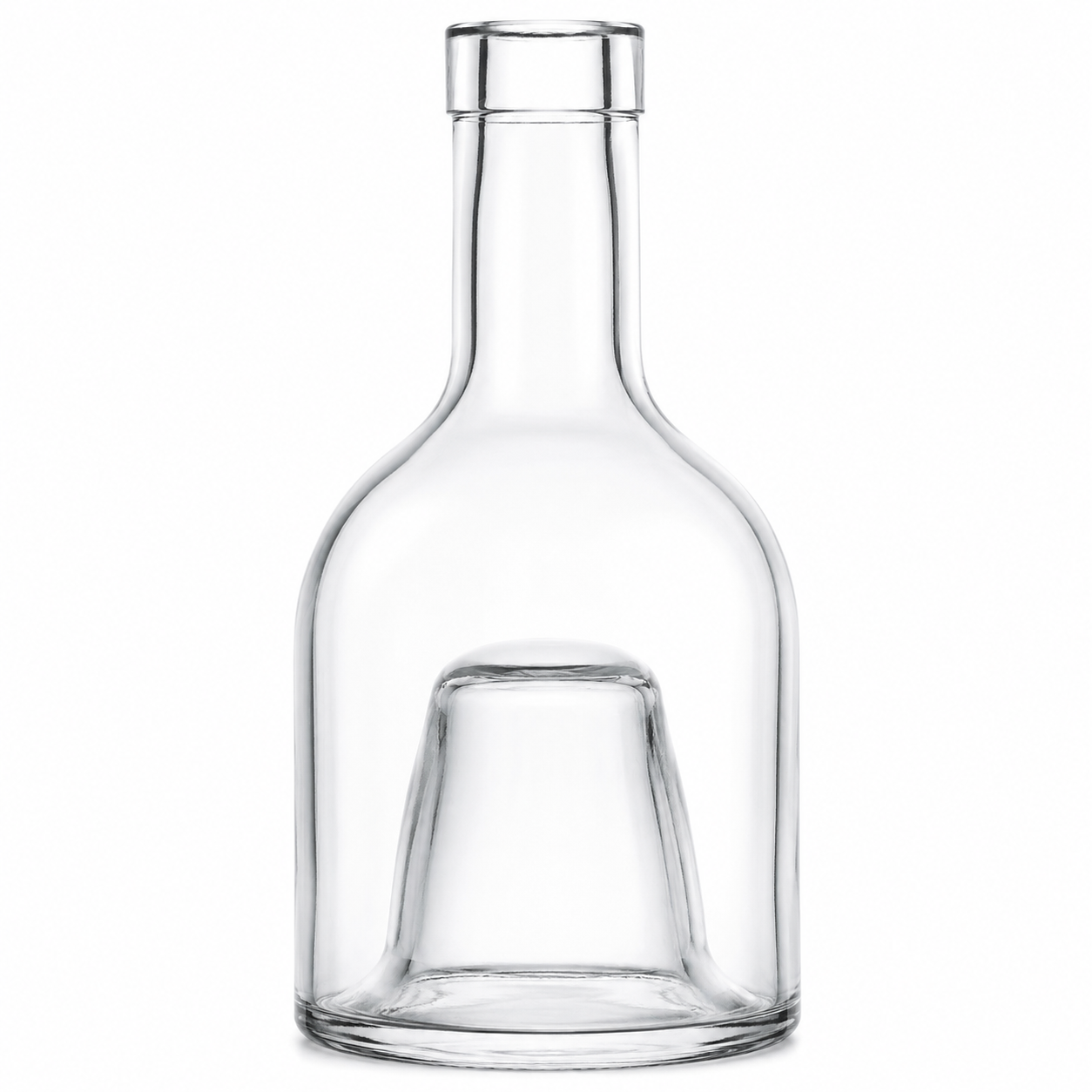 Freigestelltes Oberteil der klaren Pila-Stapelflasche mit 250 ml Volumen, bauchigem Glaskörper, kurzem Hals und kuppelförmiger Aussparung im Boden auf weißem Hintergrund