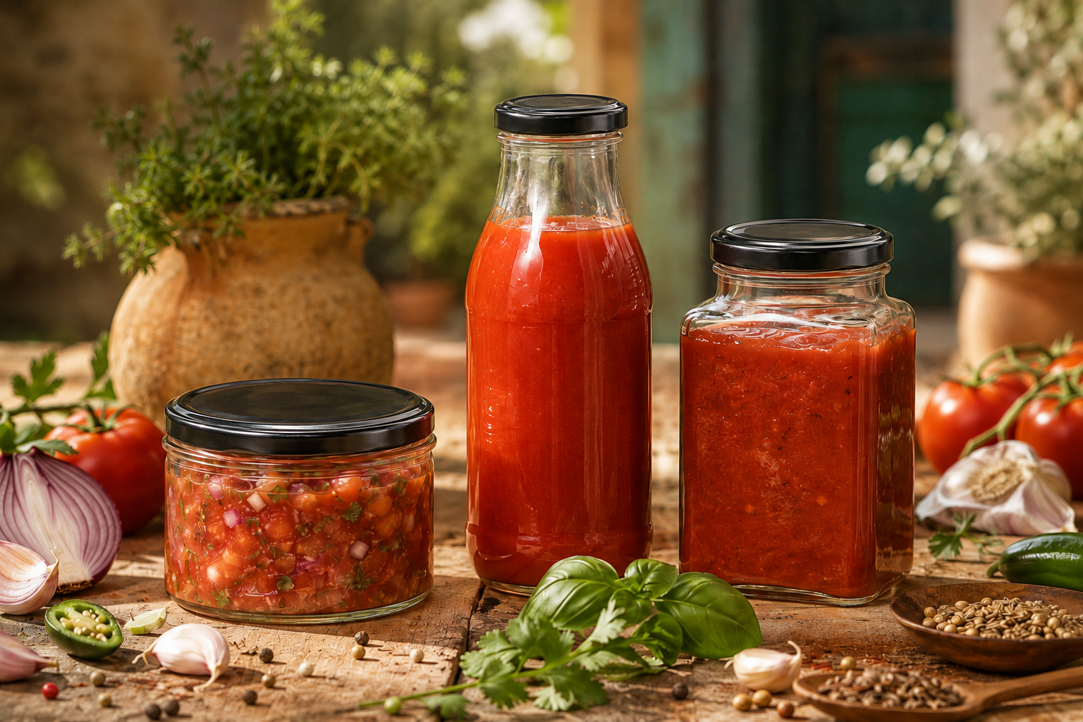 Drei mit schwarzen Twist-Off-Verschlüssen verschlossene Glasbehälter mit Salsa, Passata und Tomaten-Sugo in mediterraner Szenerie mit Tomaten, Kräutern, Zwiebeln, Knoblauch und Gewürzen