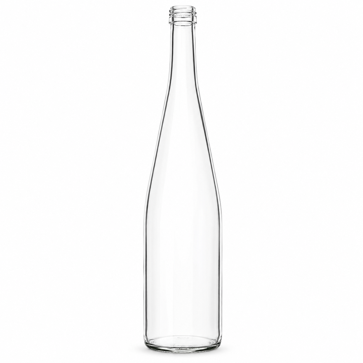 Klare, schlanke Schlegelflasche aus Glas mit langem Hals und Schraubmündung auf weißem Hintergrund.