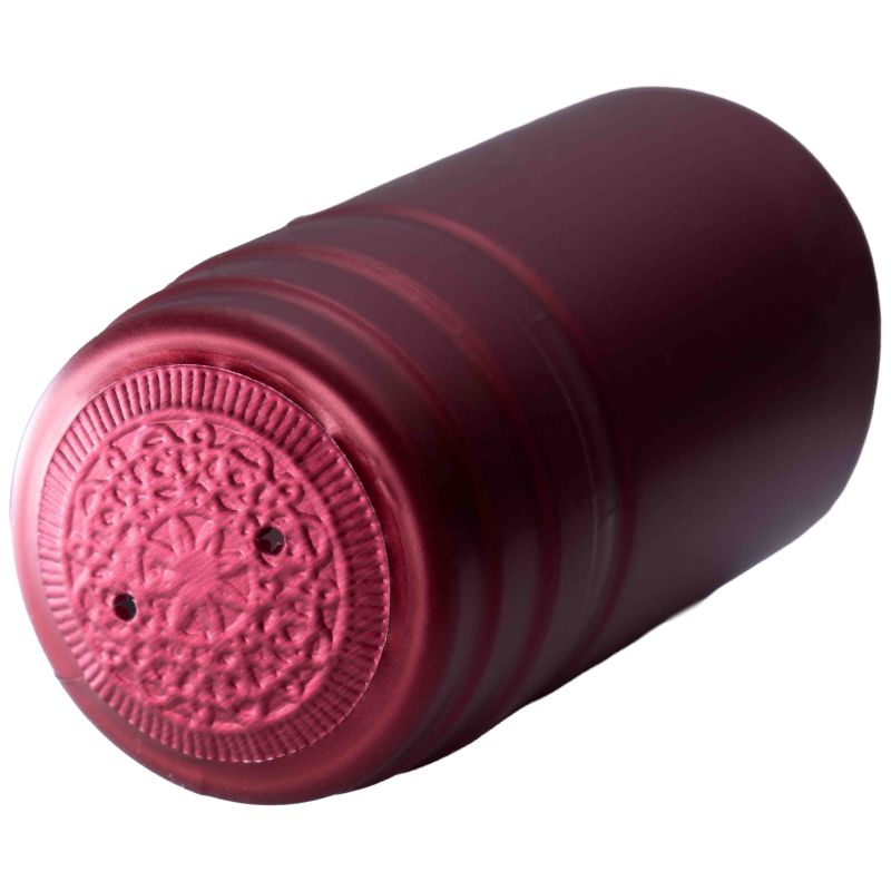 Dunkel bordeauxrote Metallic-Schrumpfkapsel 31 × 60 mm, aufrecht stehend auf weißem Hintergrund