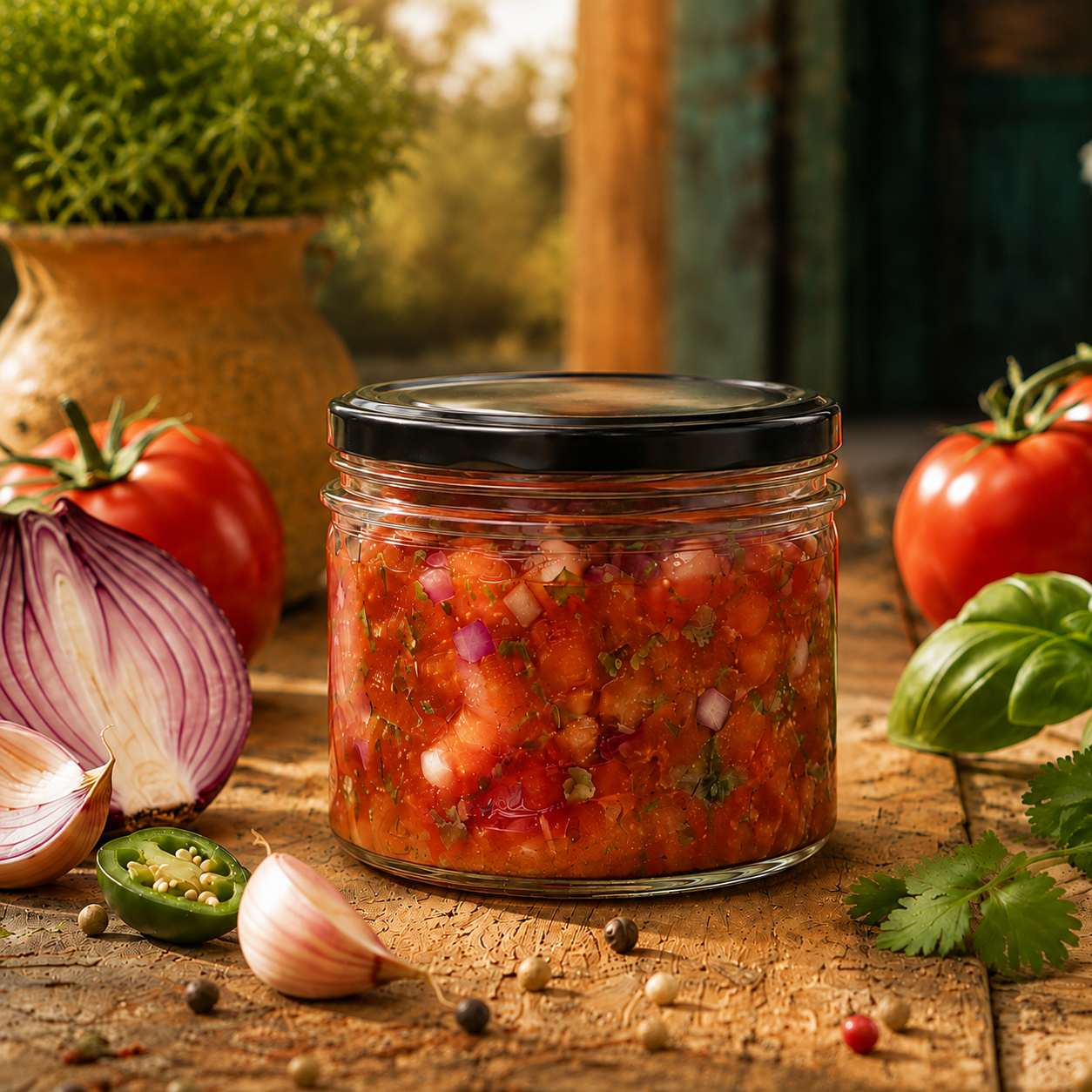 Niedriges, rundes Weithalsglas mit schwarzem Twist-off-Deckel und eingelegten Tomaten, umgeben von frischen Tomaten und Kräutern in warmem Licht