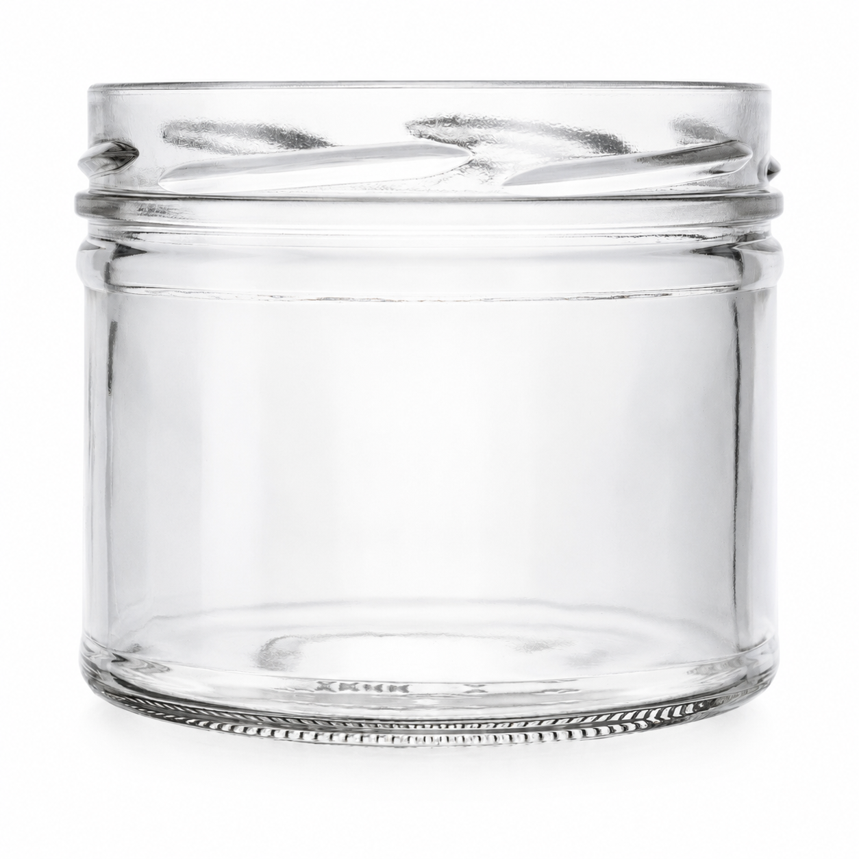 Klares Sturzglas 475 ml mit breiter TO-100-Mündung, niedriger Glasform und stabilem Boden auf weißem Hintergrund.