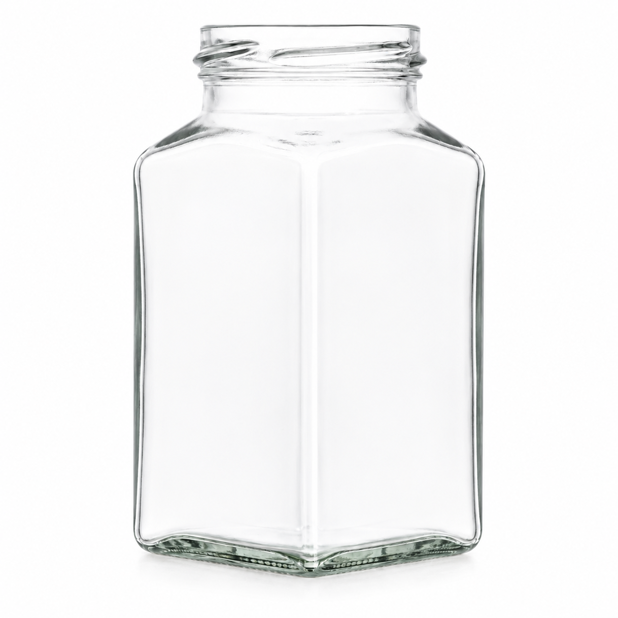 Vierkantglas 312 ml TO 58 aus klarem Glas mit quadratischem Körper, abgeschrägten Schultern und Twist-off-Mündung, frontal stehend dargestellt.