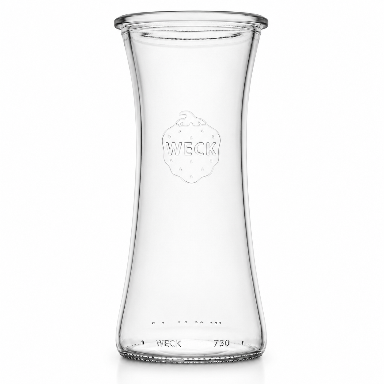 WECK-Delikatessenglas 700 ml RR80 aus klarem Glas mit schlanker, leicht geschwungener Form und geprägtem WECK-Logo.
