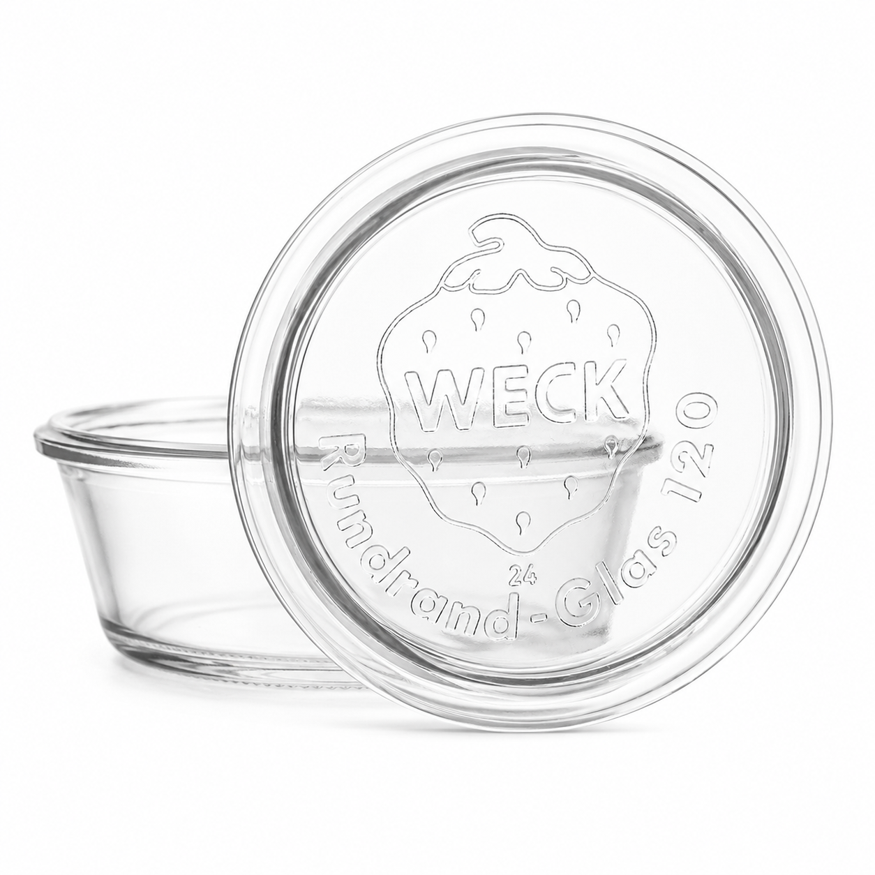 WECK-Gourmetglas 300 ml RR120 mit passendem Glasdeckel, freigestellt auf weißem Hintergrund