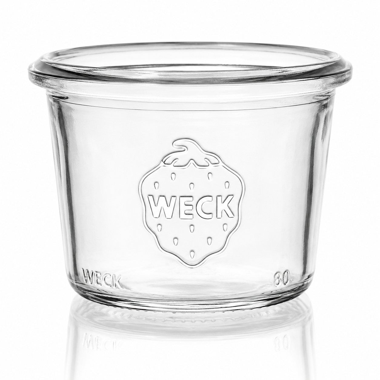 WECK-Mini-Sturzglas 80 ml RR60 aus Klarglas ohne Deckel, mit kompakter Sturzglasform, Rundrandmündung und deutlich geprägtem WECK-Logo.