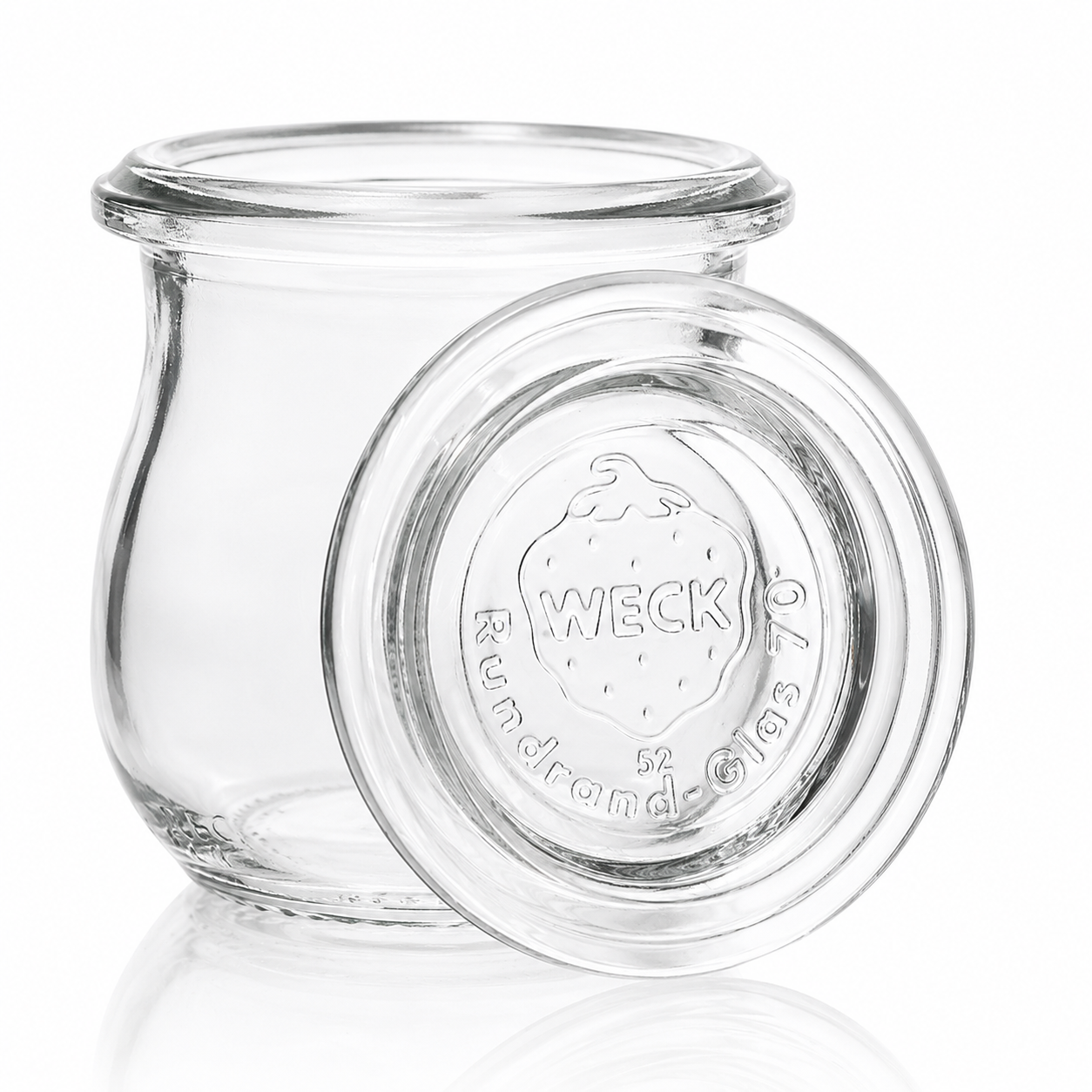 WECK-Mini-Tulpenglas 75 ml RR40 mit passendem Glasdeckel, klarer Materialwirkung und sichtbarer WECK-Prägung in freigestellter Produktansicht.