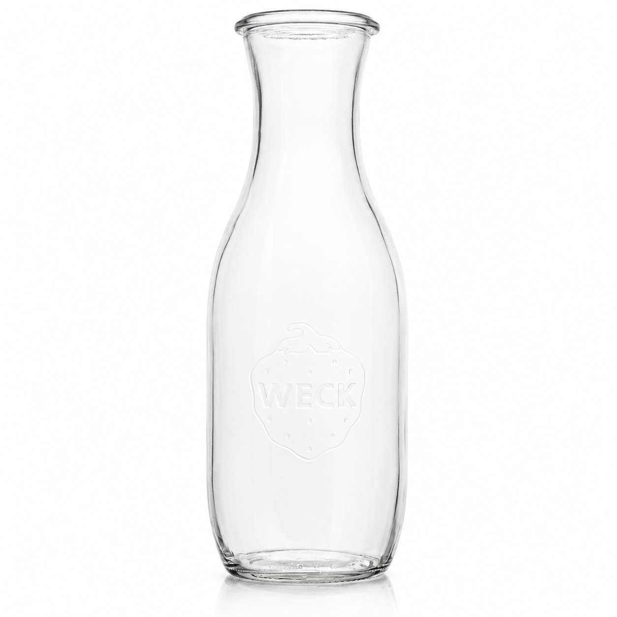 WECK-Saftflasche 1,0 l RR60 aus Klarglas mit schlanker Form, Rundrandmündung und geprägtem WECK-Logo auf weißem Hintergrund.