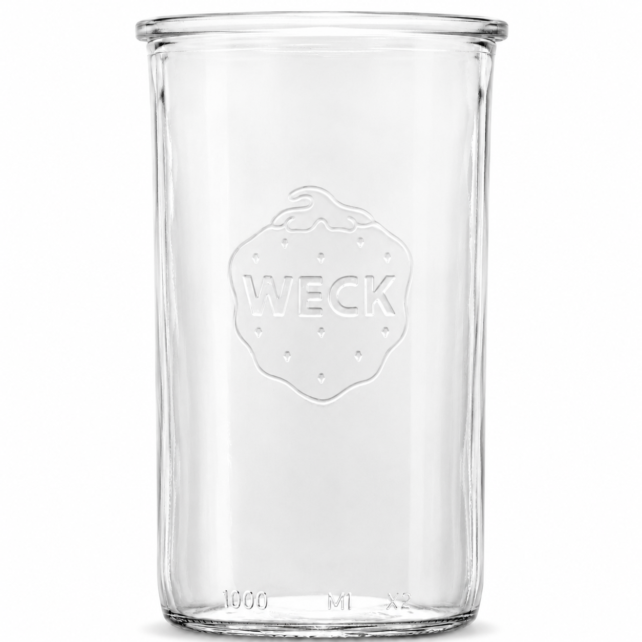 WECK-Sturzglas 1000 ml RR100 aus klarem Glas mit hoher gerader Form, breiter Rundrandmündung und deutlich sichtbarer WECK-Prägung auf weißem Hintergrund.
