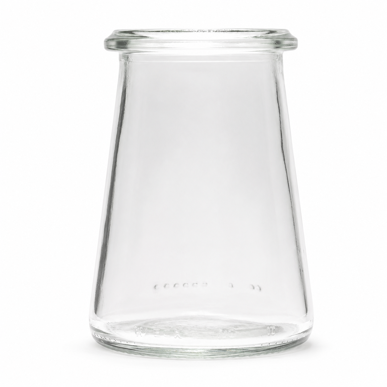 Freigestelltes WECK-Sturzglas aus klarem Glas mit breiter Rundrandmündung und leicht konischer Form auf weißem Hintergrund.