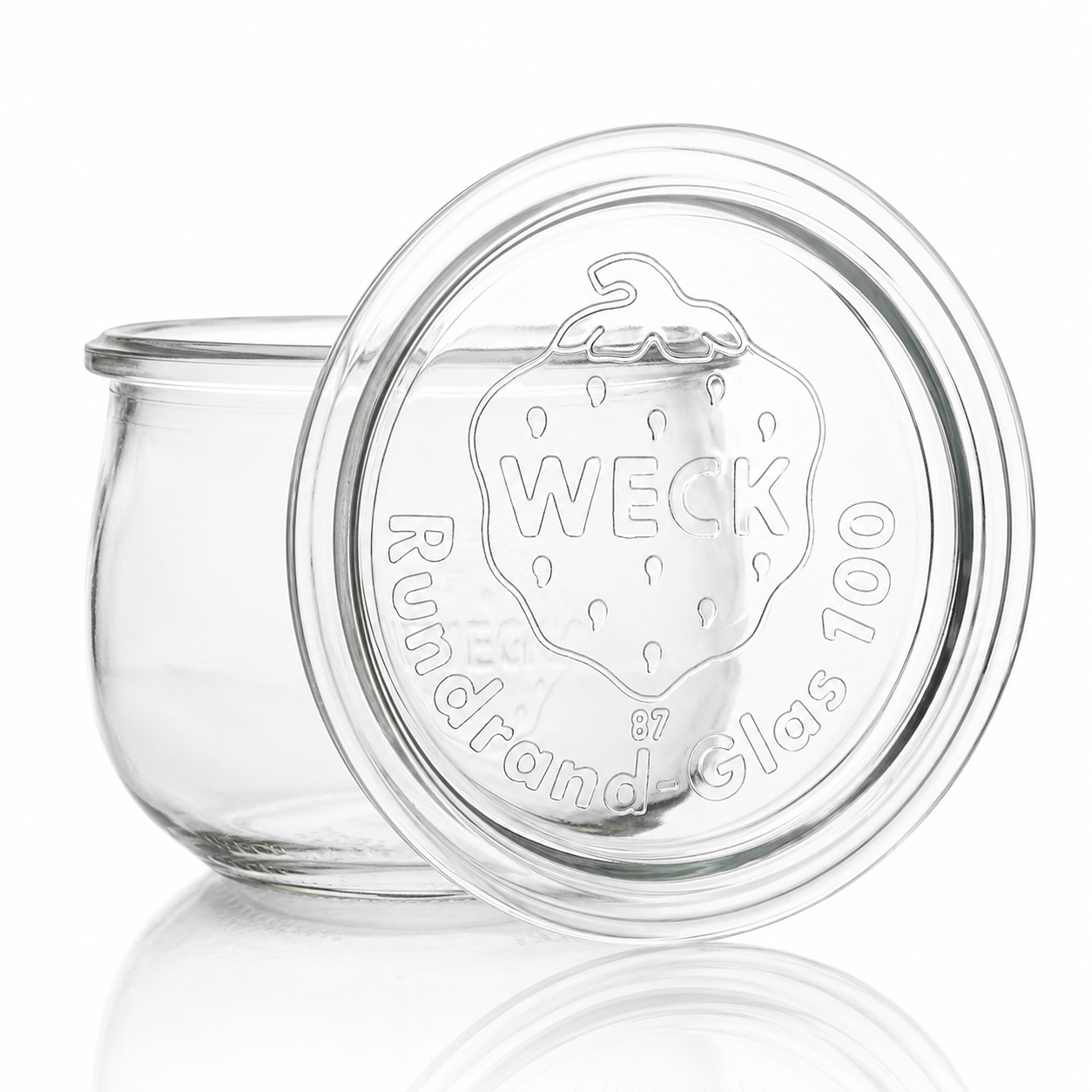 WECK-Tulpenglas aus Klarglas mit passendem Rundrand-Glasdeckel, sichtbarer WECK-Prägung und klarer Produktdarstellung auf weißem Hintergrund.