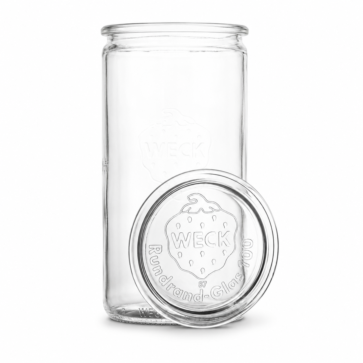 WECK-Zylinderglas 1590 ml RR100 aus Klarglas mit passendem Glasdeckel, Rundrandmündung und sichtbarer WECK-Prägung auf weißem Hintergrund.