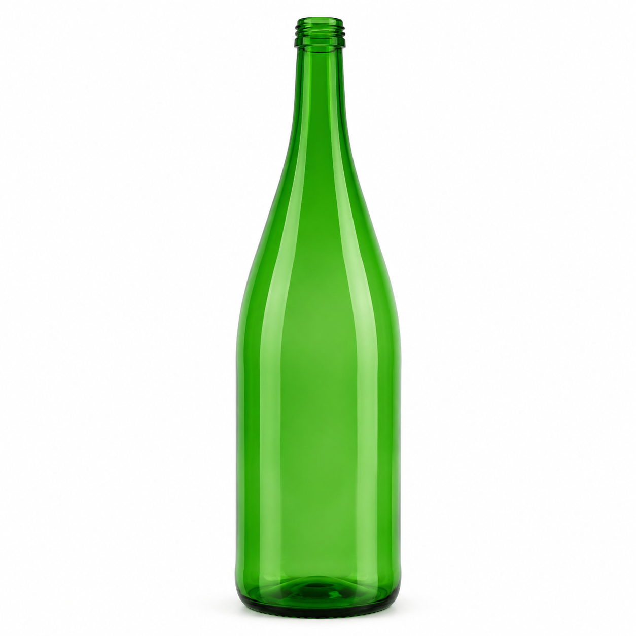 Weinschlegelflasche 1 Liter aus grünem Glas in schwerer Ausführung mit zylindrischem Körper, langem Hals, weich auslaufenden Schultern und MCA-Schraubmündung, frontal stehend dargestellt.
