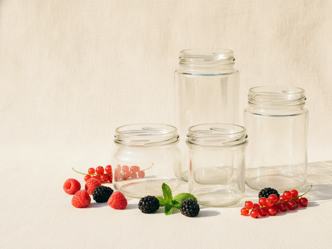 Vier leere Einmachgläser in verschiedenen Größen auf heller Tischdecke, davor frische Himbeeren, Brombeeren und Johannisbeeren