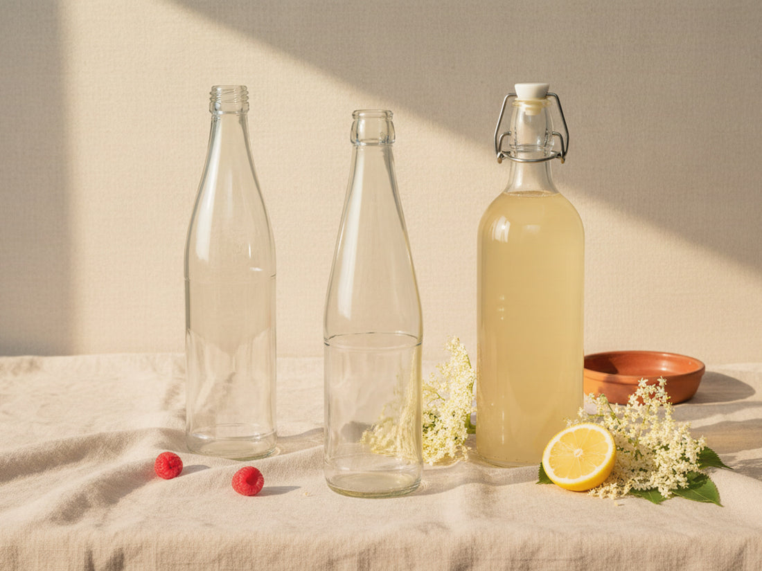 Drei Glasflaschen im Sonnenlicht, eine mit Bügelverschluss, eine mit Holundersirup gefüllt, daneben Holunderblüten und Zitrone